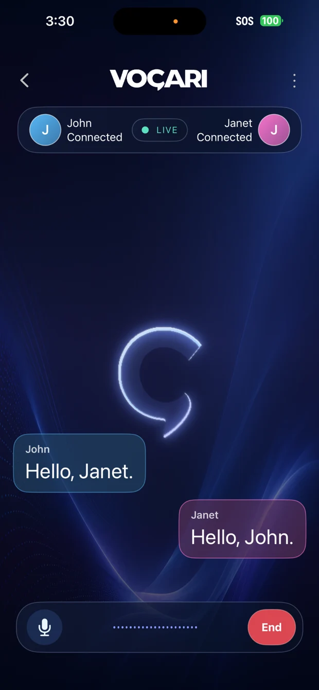 Vocari iPhone app preview showing a connected two-person session and live transcript bubbles